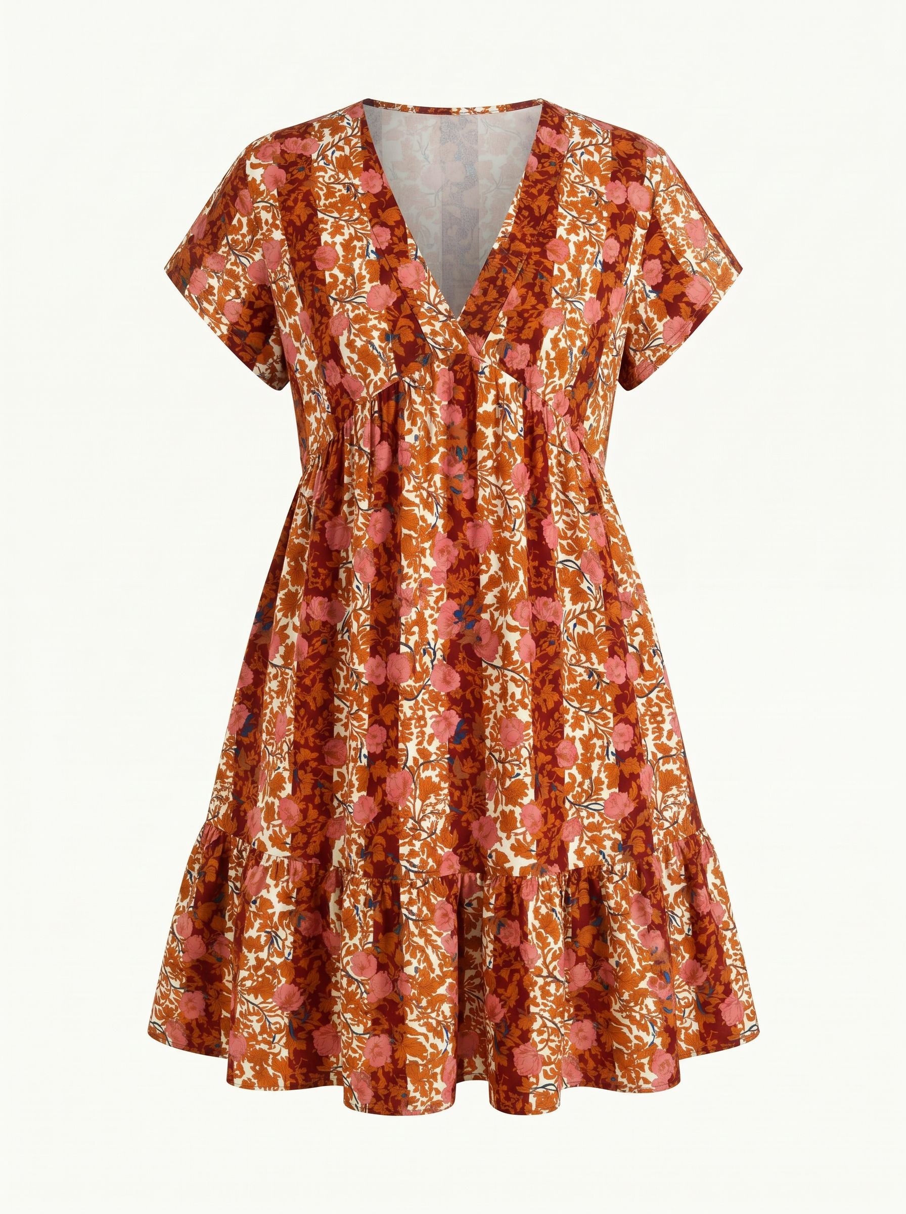 Floral Print V Neck Tiered Babydoll Mini Dress
