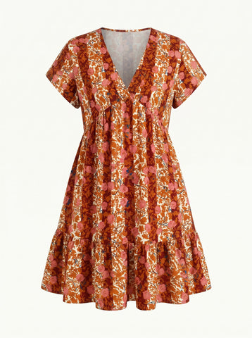 Floral Print V Neck Tiered Babydoll Mini Dress