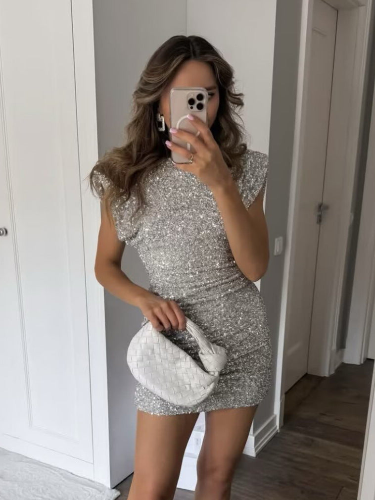 Sparkly Mock Neck Sequin Mini Dress