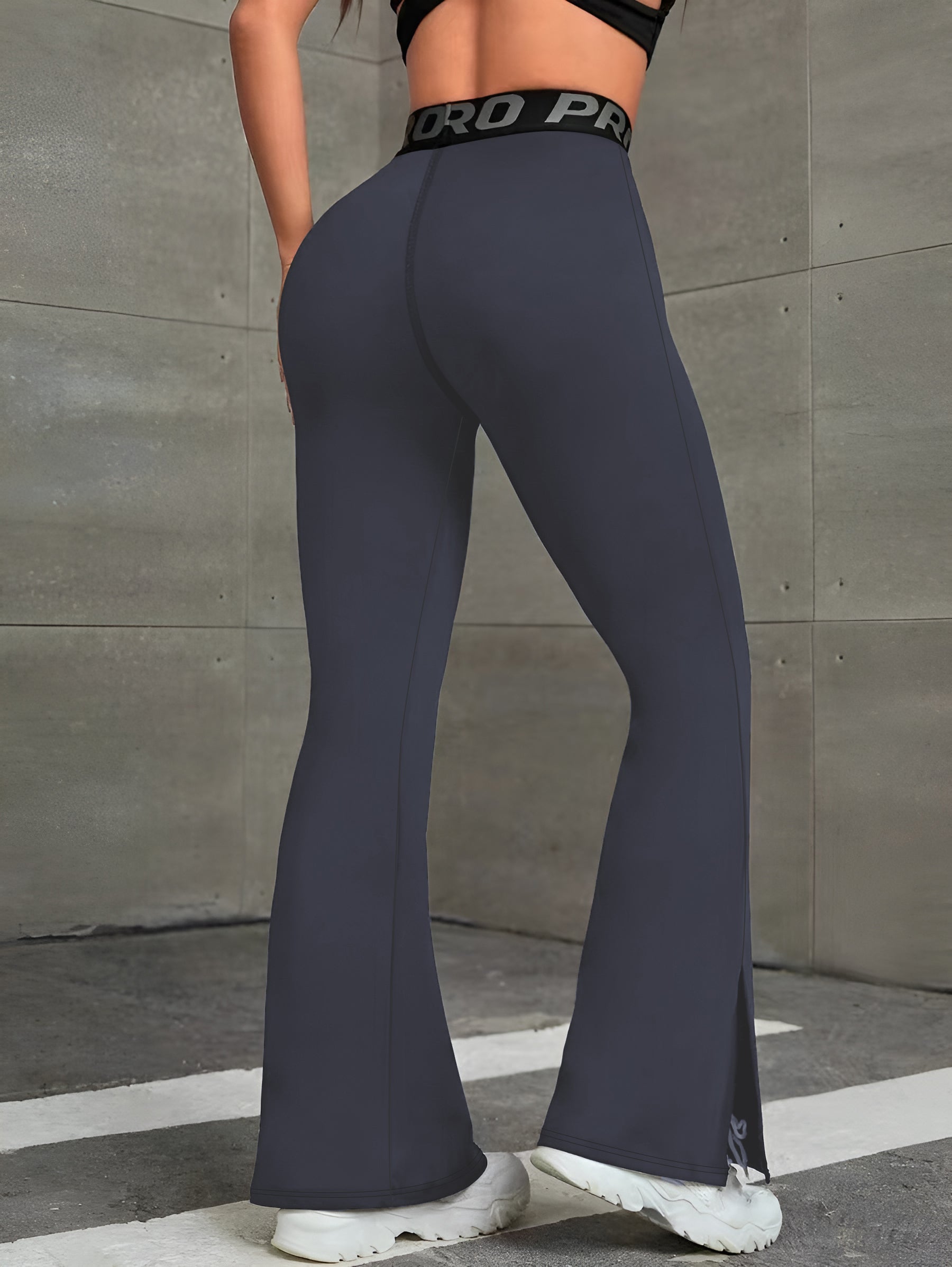 Lettered Waistband Wide-Leg Split-Hem Paneled Yoga Pants-Black