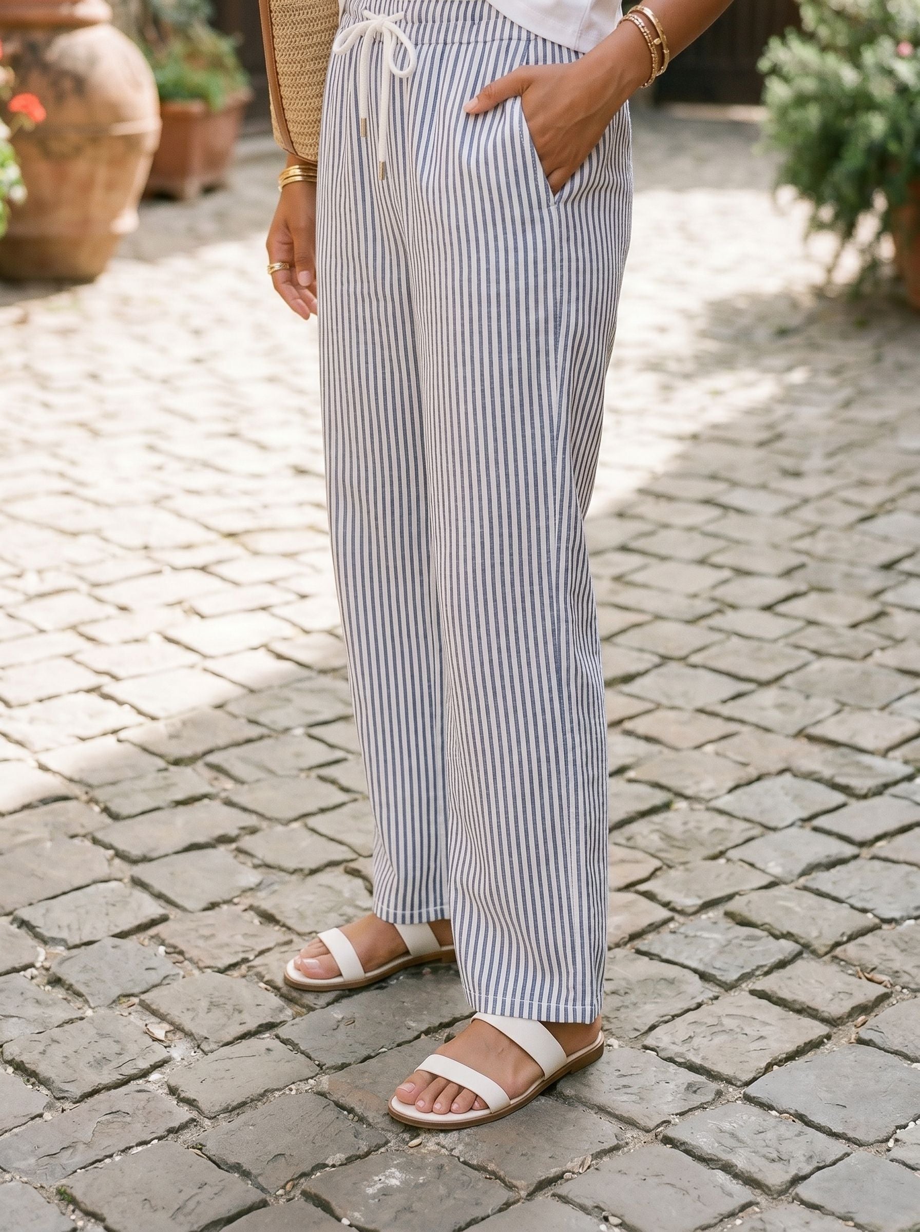 Comfy Striped Drawstring Wide Leg Pants