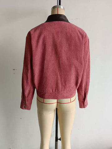 Contrast Collar Corduroy Zip Jacket