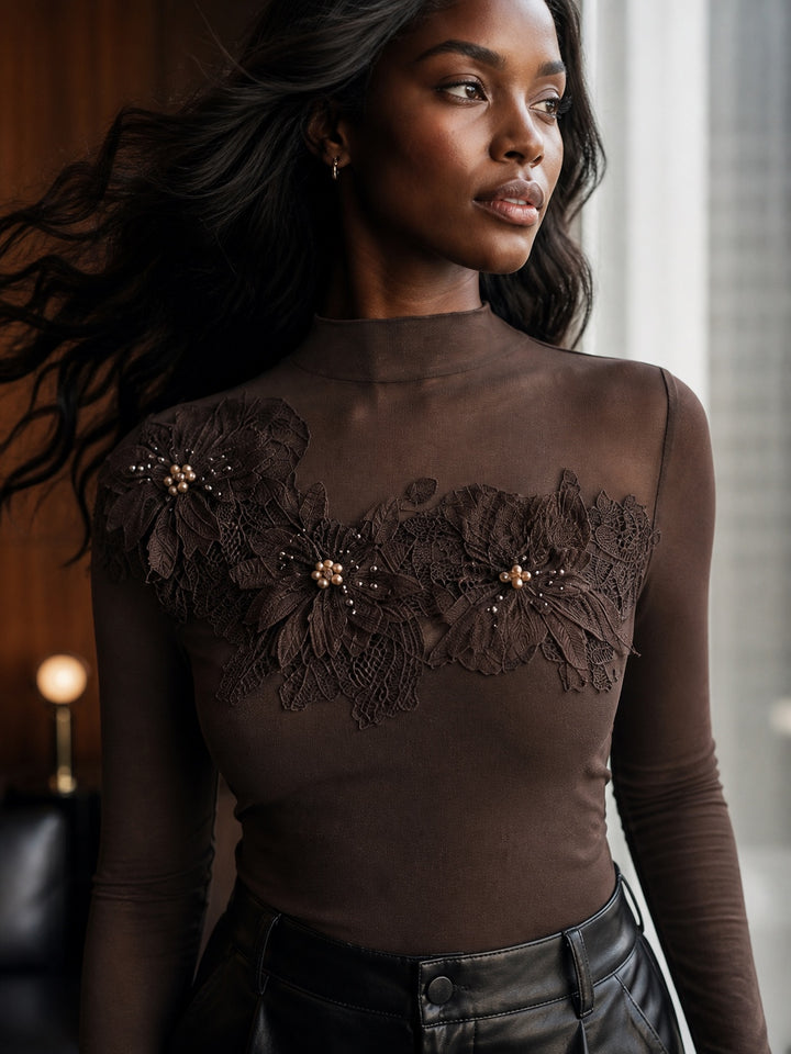 Sheer Floral Applique Mesh Long-Sleeve Top