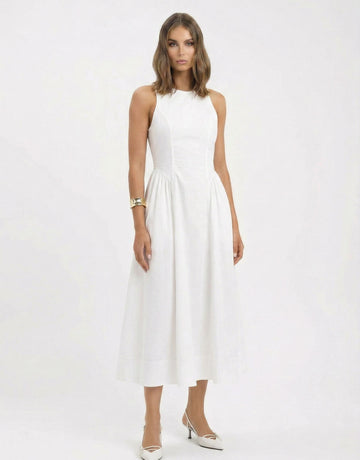 Urban Revivo Sleeveless Seamed A-Line Midi Dresses-White