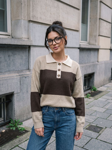 Oversized Striped Polo Collar Sweater
