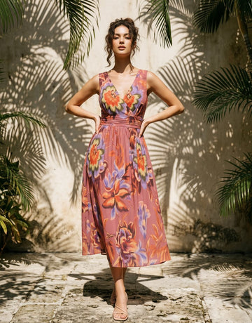 CORINNE
Floral Print V Neck A Line Midi Dress