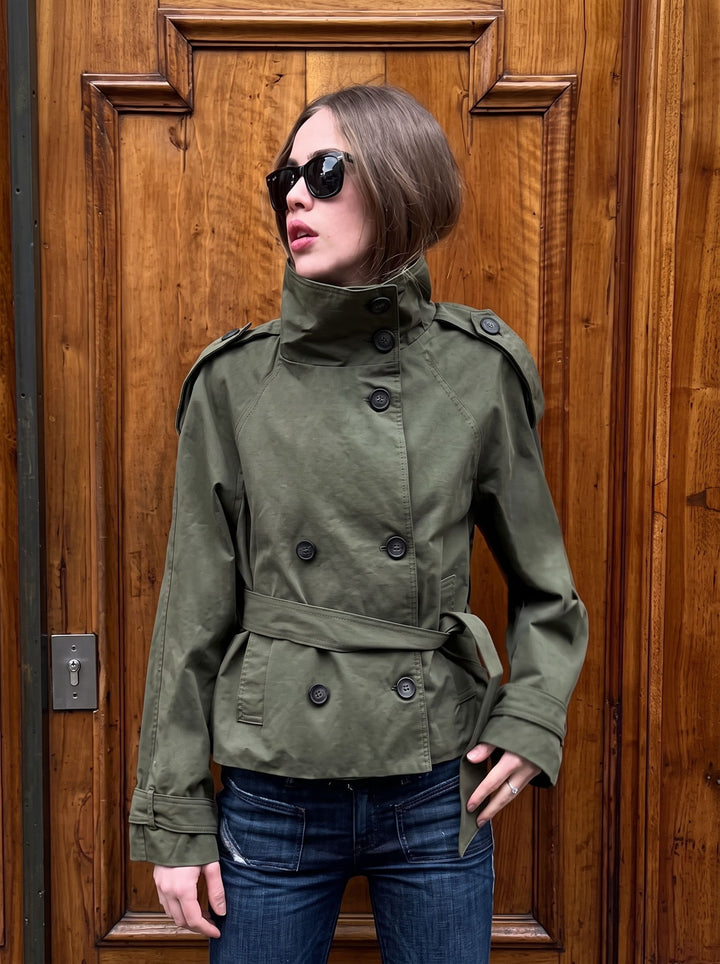 Cropped Belted Stand Collar Trench Coat