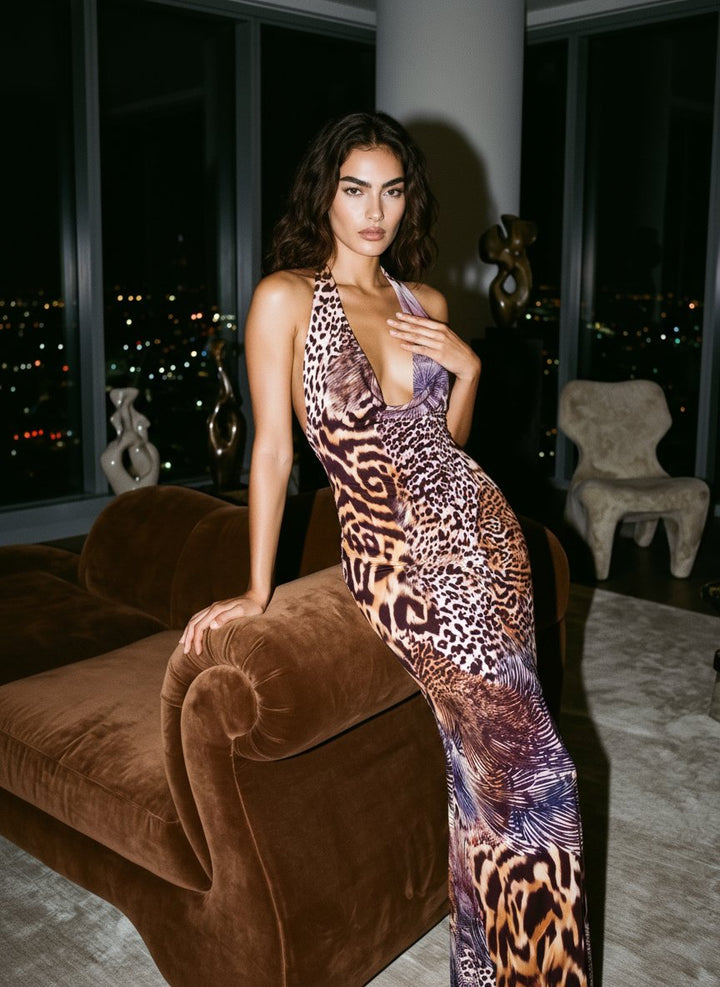 LILA Mixed Leopard Pattern Cowl Neck Bodycon Maxi Dress