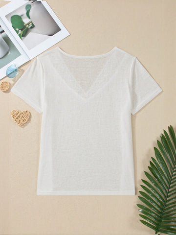 Elegant Lace Trim V Neck Tee