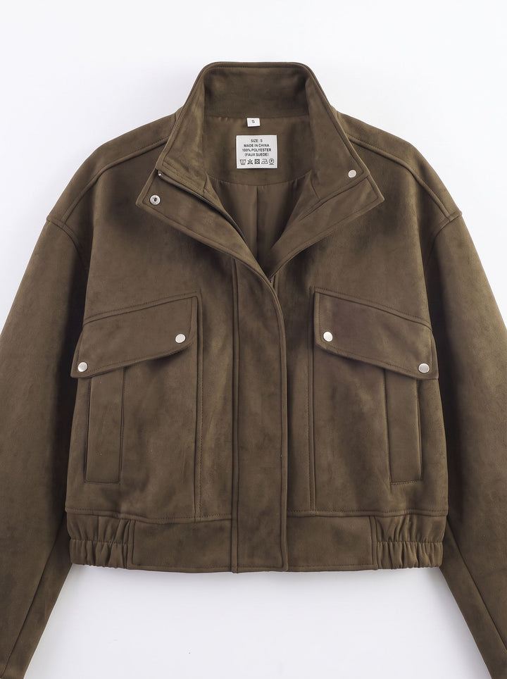 Cropped Suede Utility Bomber Jacket