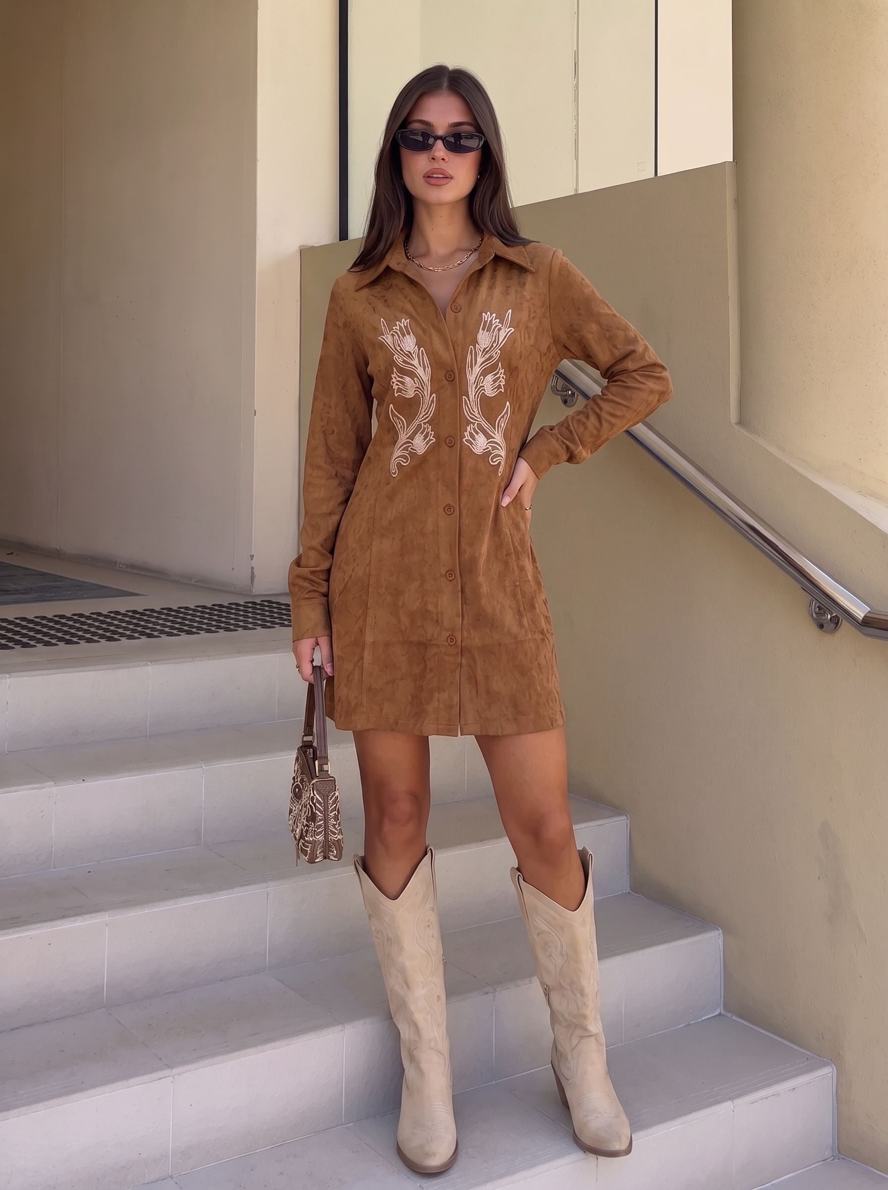 Embroidered Suede Button Down Mini Dress