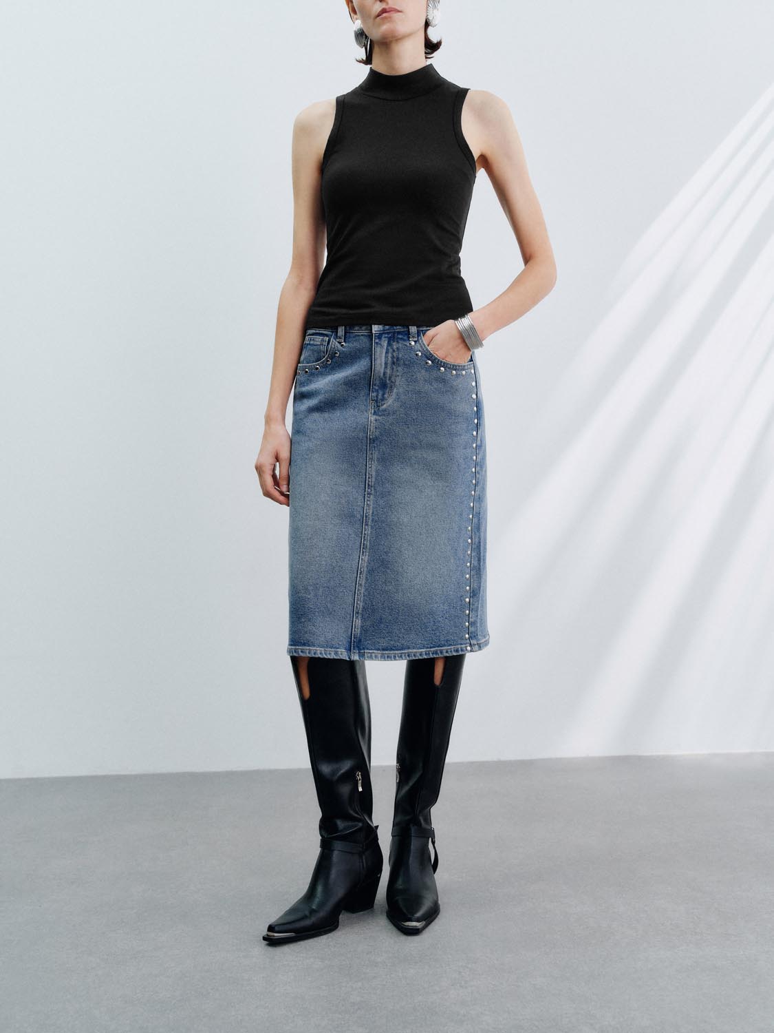 Urban Revivo Denim Midi Skirts-Blue