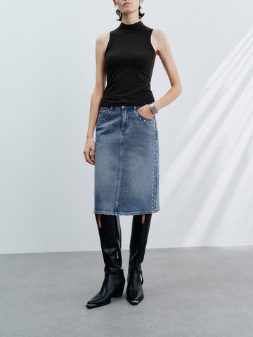Urban Revivo Denim Midi Skirts-Blue