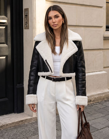 Faux Leather Sherpa Cropped Jacket