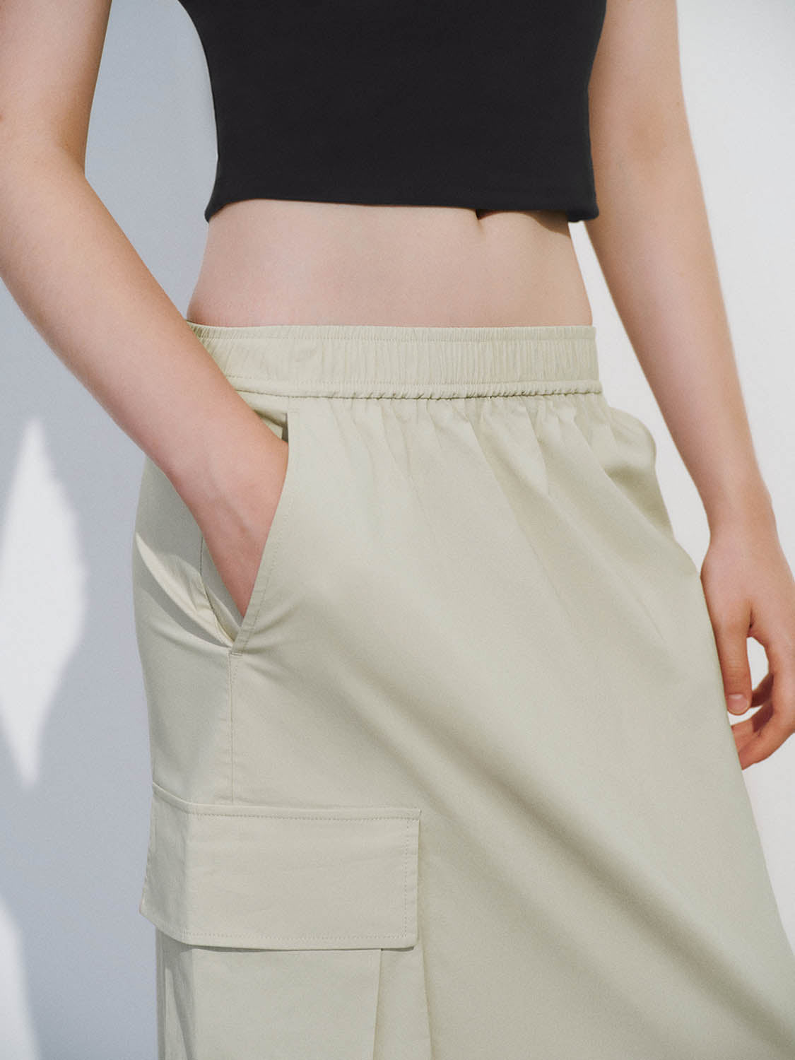 Urban Revivo Drawstring Waist Midi Straight Skirt-Natural