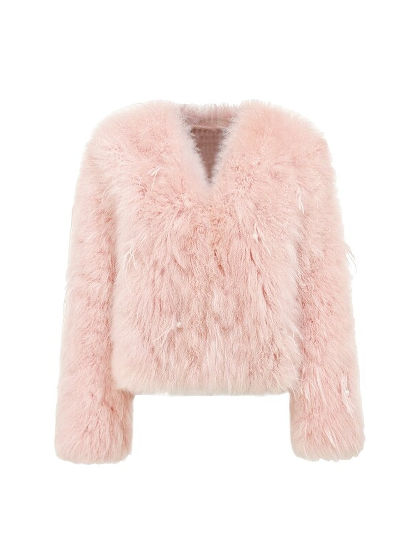 Plush Pink Feather Trim Fur Coat