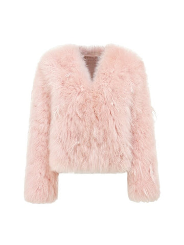 Plush Pink Feather Trim Fur Coat