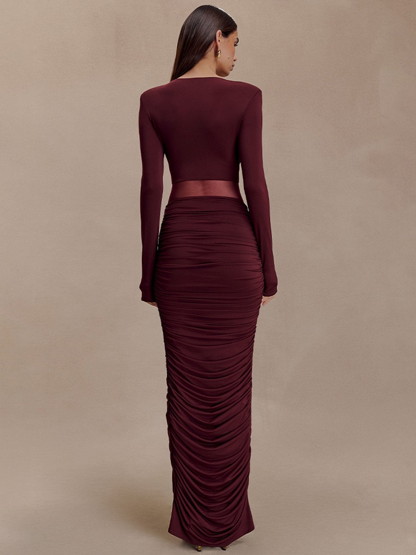 Sleek Ruched Mesh Detail Maxi Dress