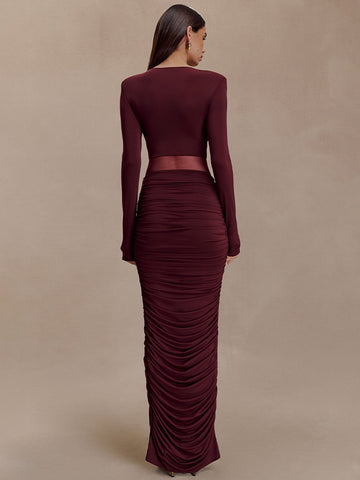 Sleek Ruched Mesh Detail Maxi Dress