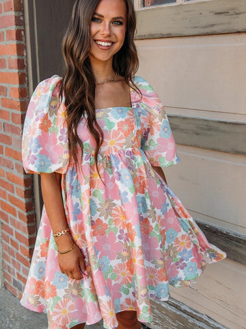 Square Neck Floral Print Elegant Mini Dress