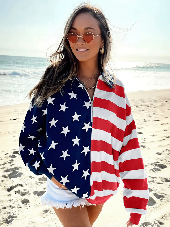 Oversized Flag Print Quarter Zip Sweatshirt