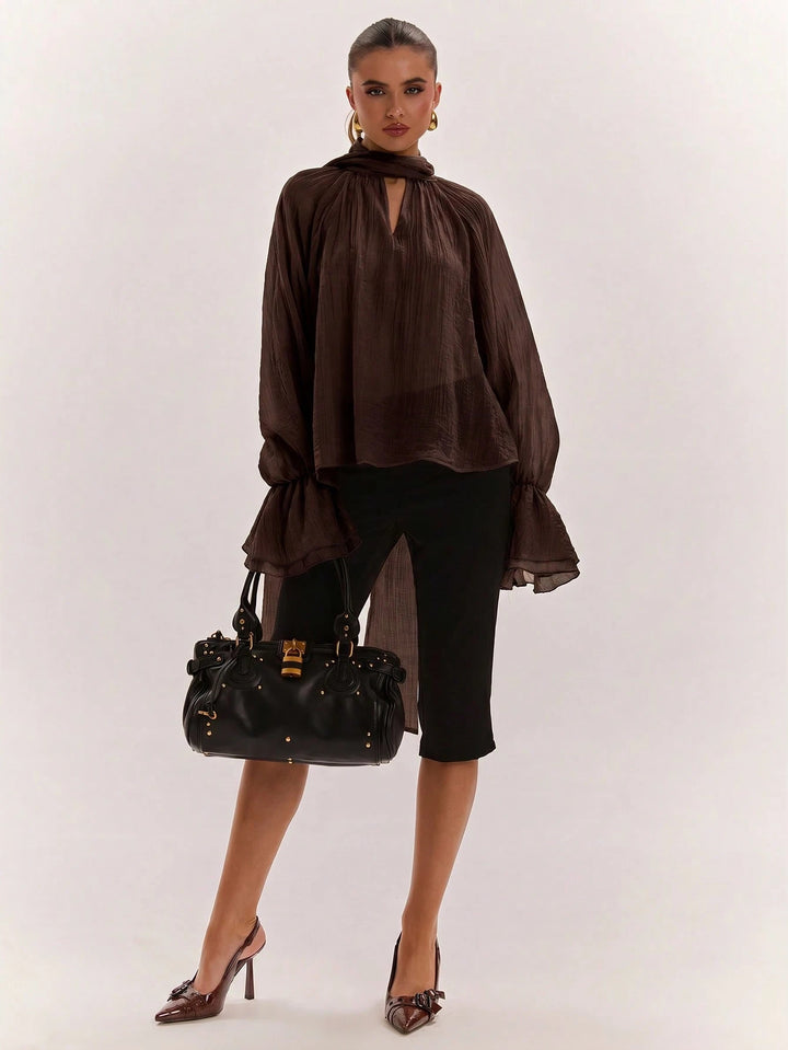 Sheer Ruffle Sleeve Mock Neck Blouse