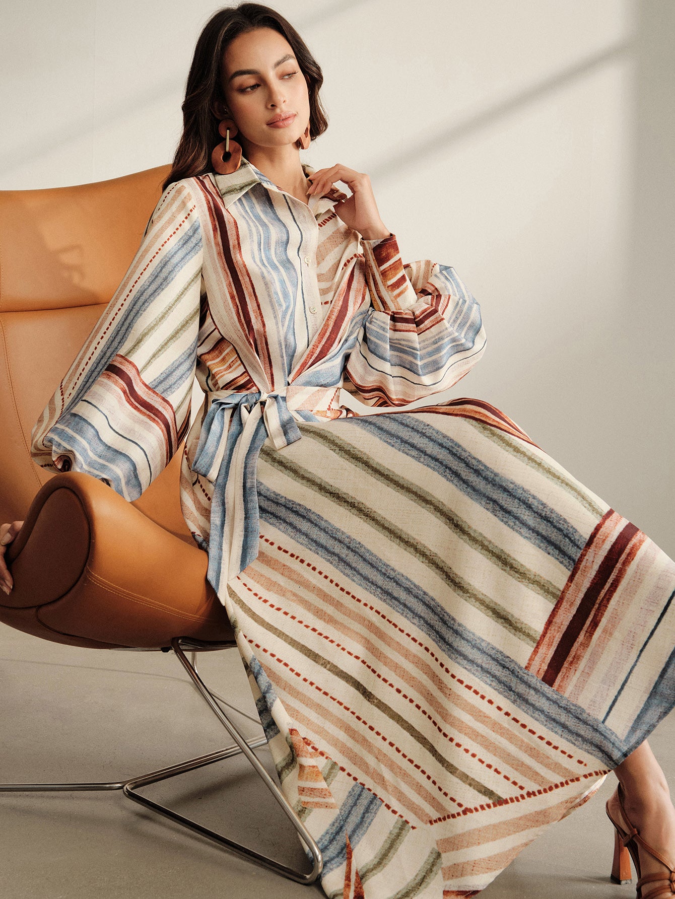 Striped Balloon Sleeve Midi Shirt Dress