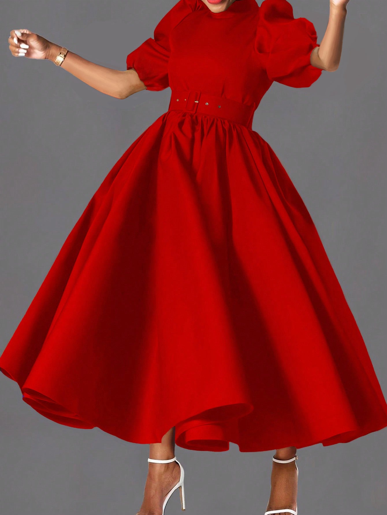 Puff Sleeve Belted Midi Dress