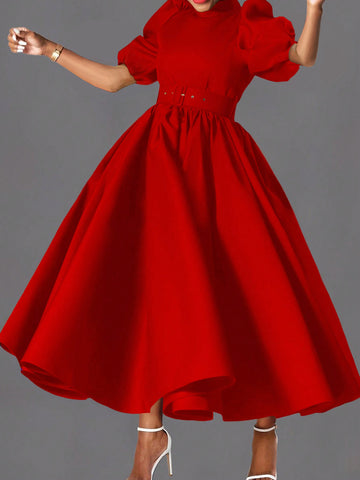 Puff Sleeve Belted Midi Dress