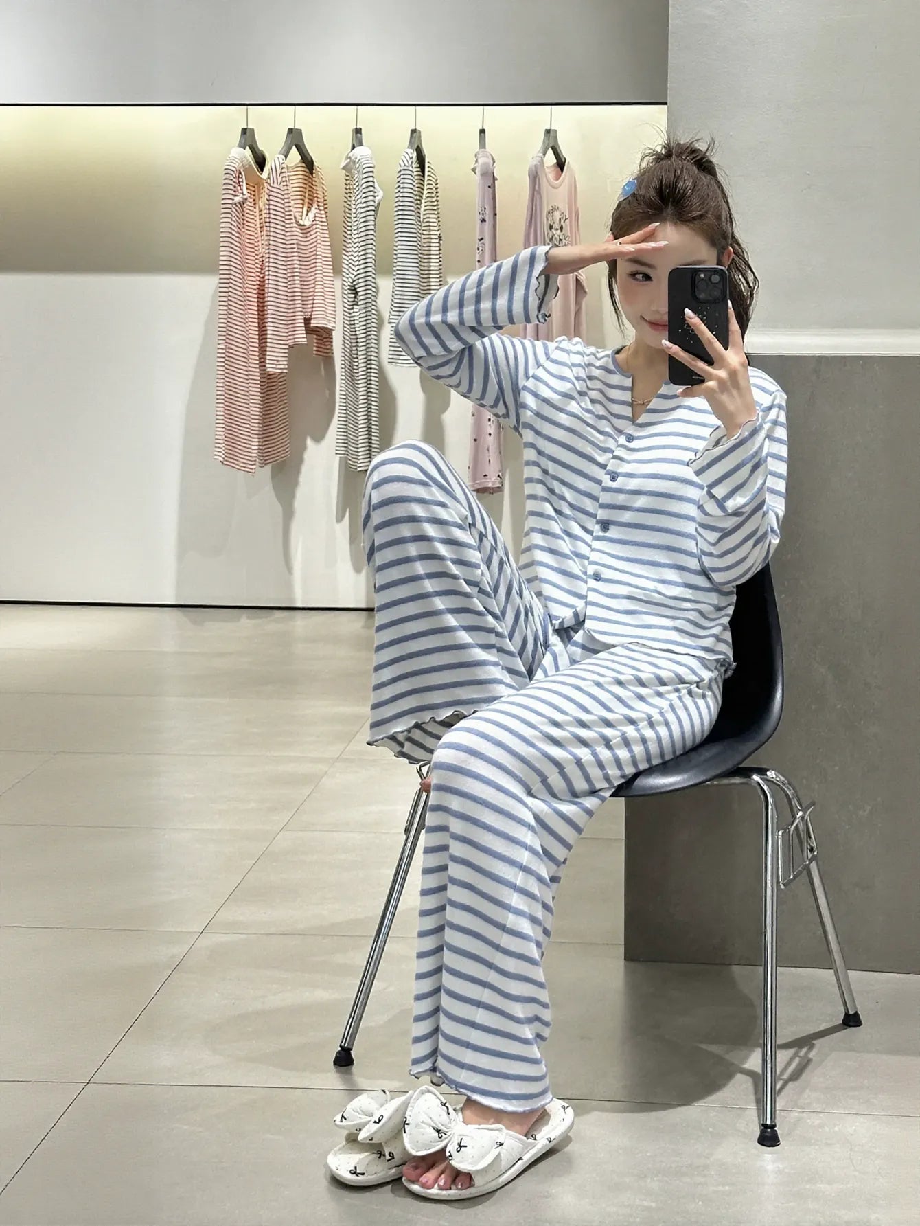 Soft Striped Button Down Lounge Set