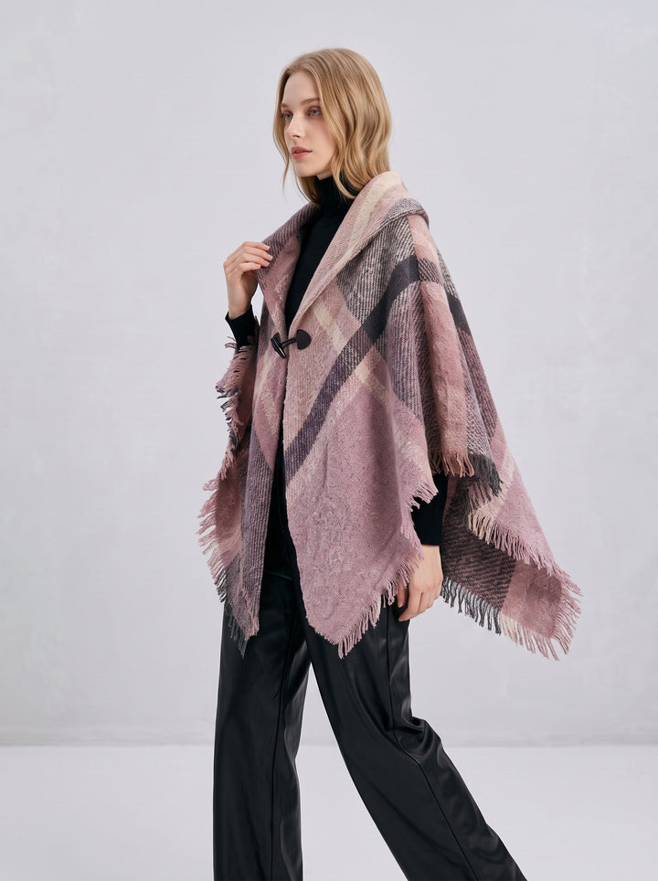 Cozy Plaid Toggle Winter Poncho Scarf