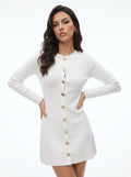 Elegant Gold Button Ribbed Sweater Dress