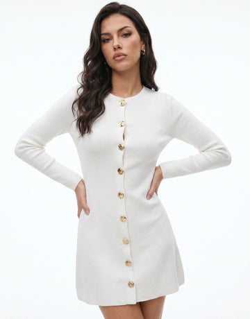 Elegant Gold Button Ribbed Sweater Dress
