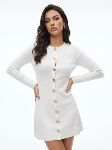 Elegant Gold Button Ribbed Sweater Dress