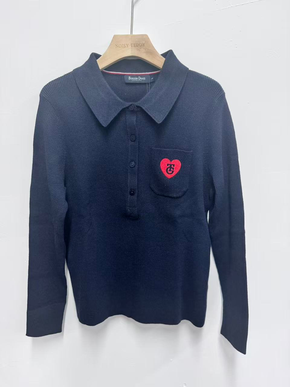 Embroidered Heart Collared Knit Sweater