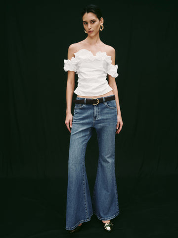 Ruffle Trim Embroidered Boat Neck Overhead Shirts