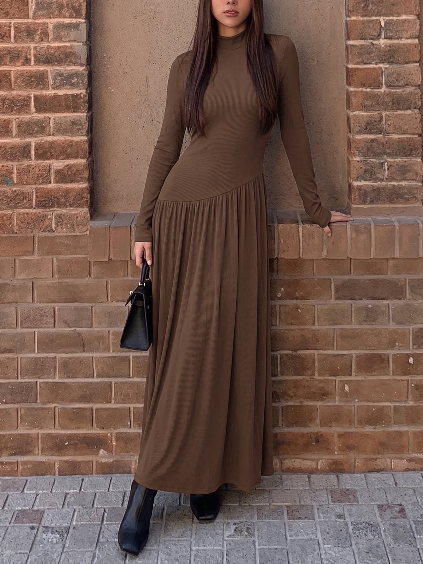 Elegant Ribbed Mock Neck Maxi Dress