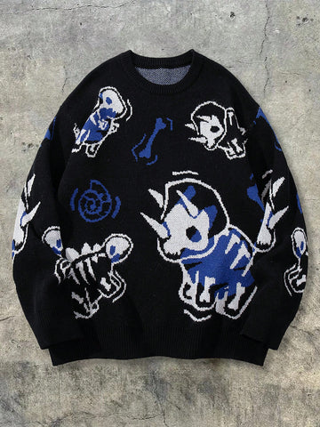 Oversized Graphic Dinosaur Print Knit Sweater