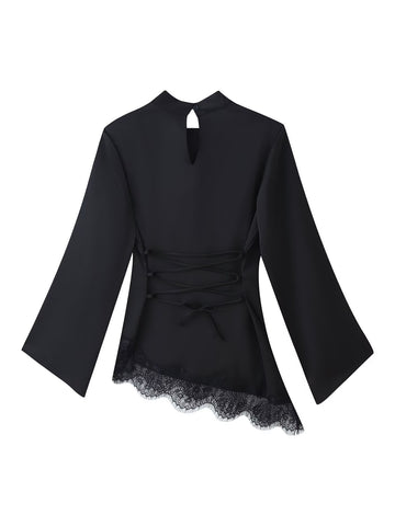 Asymmetric Lace Trim Mock Neck Top