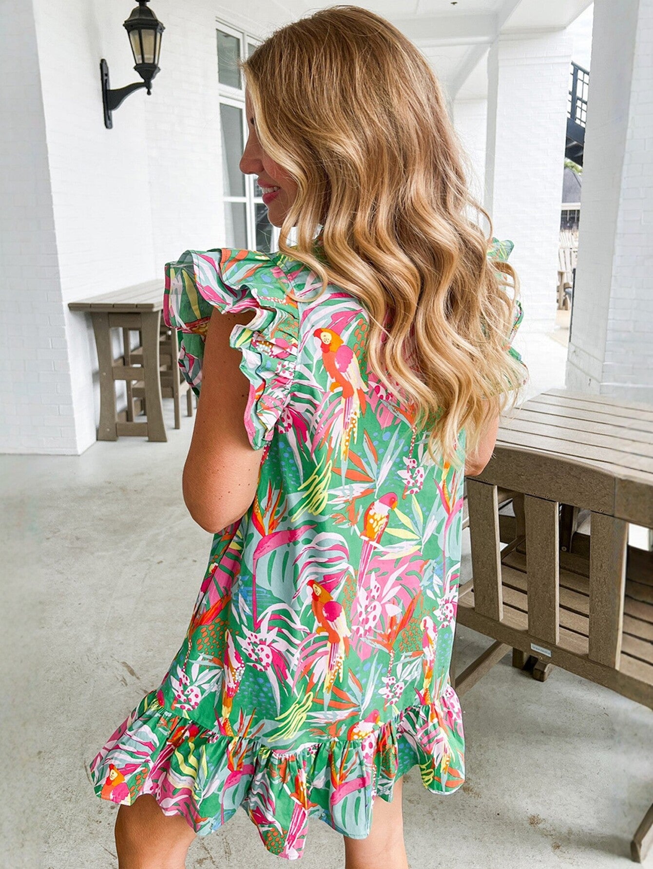 Floral Print Ruffle Sleeve Midi Dress