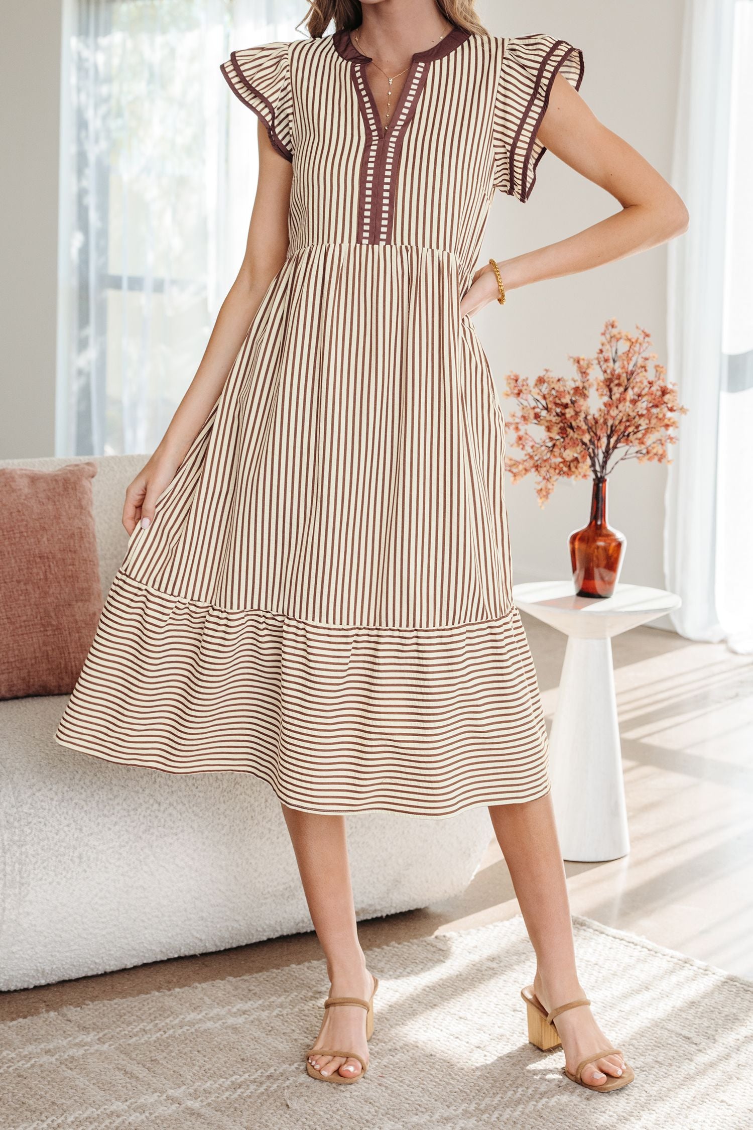 Striped Ruffle Sleeve Midi Dress