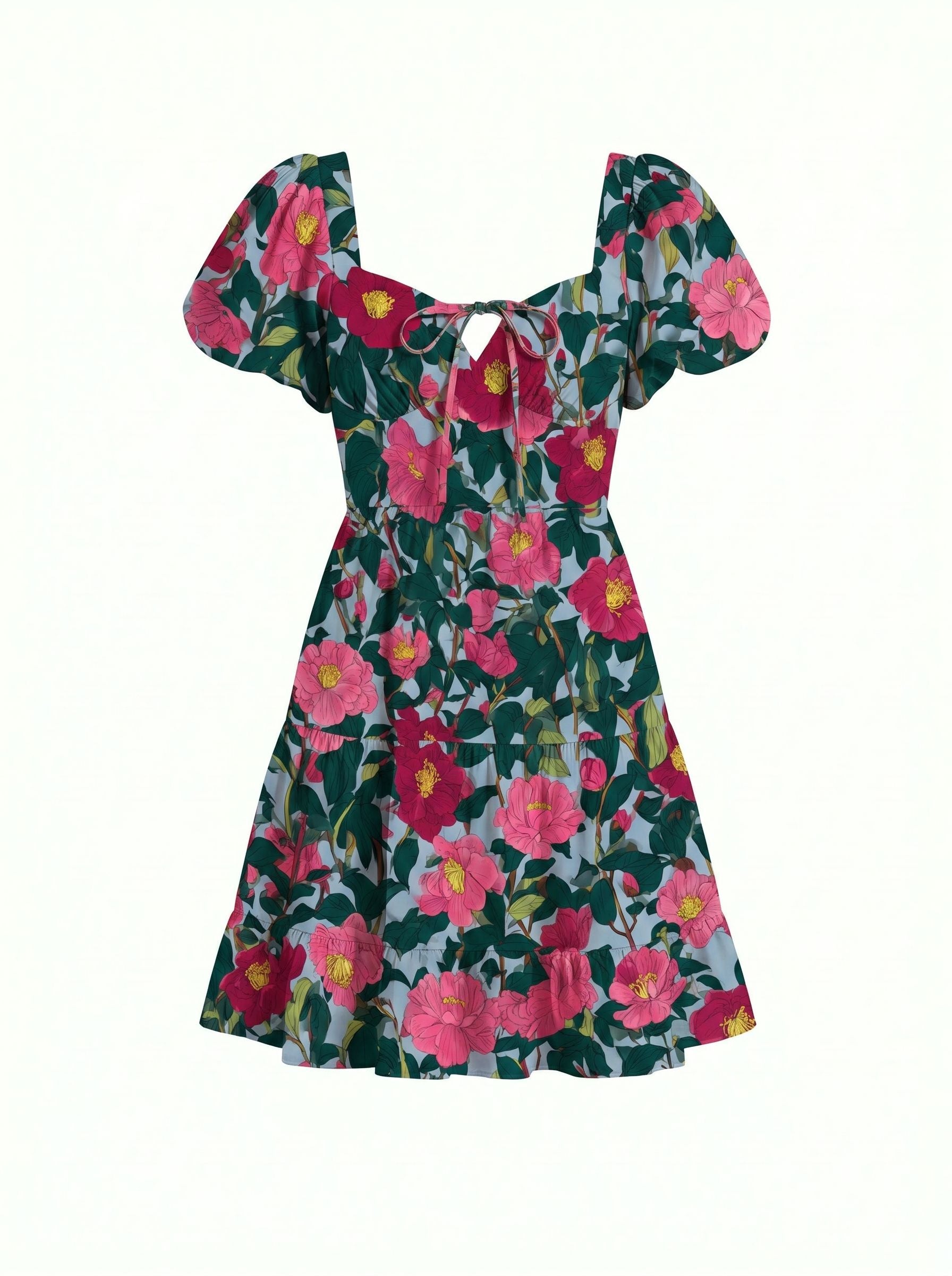 Floral Print Puff Sleeve Tiered Mini Dress