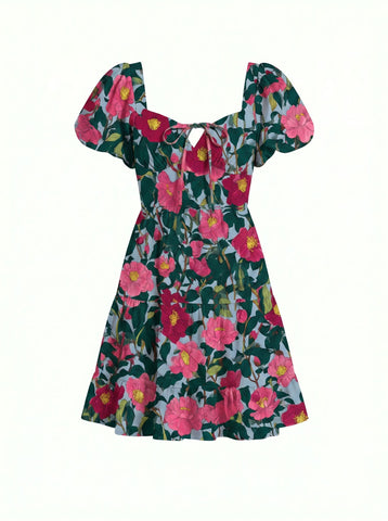 Floral Print Puff Sleeve Tiered Mini Dress