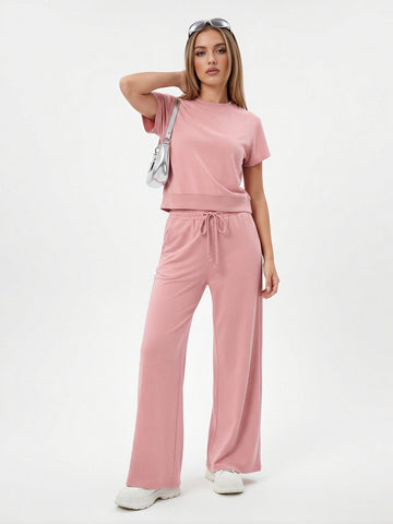 Pink Drawstring Waist Pants Set