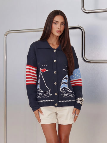 Nautical Graphic Oversized Knit Cardigan