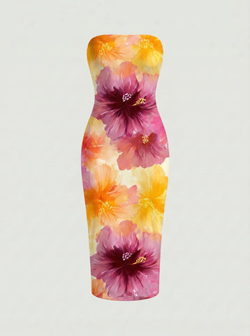 MAIA Floral Print Strapless Sheath Midi Dress
