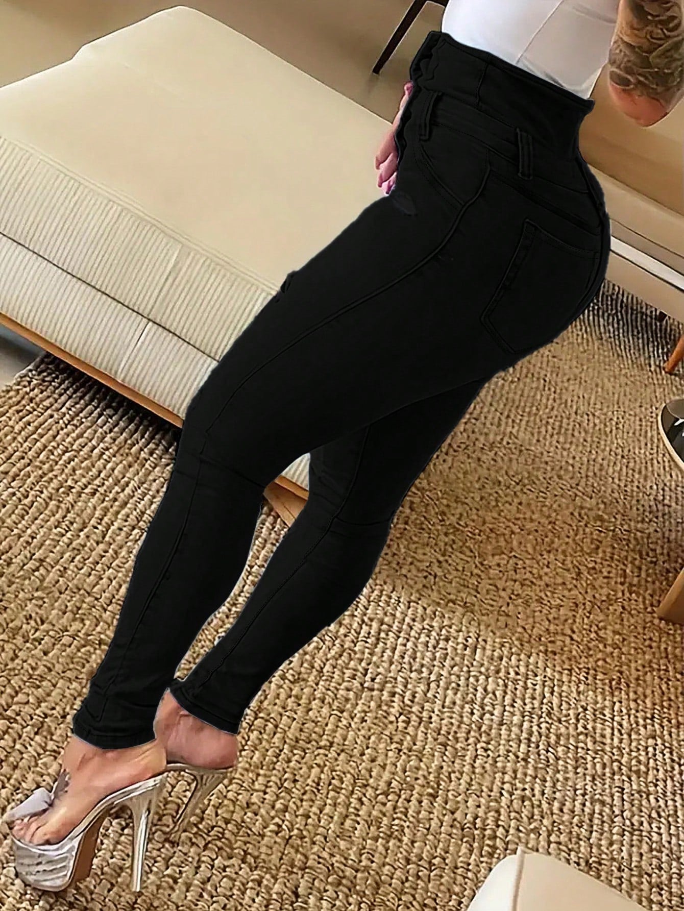 Ripped Black High-Waisted Denim Jeans-Gray