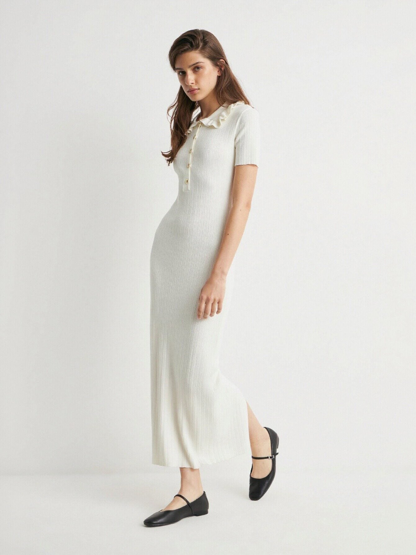 Collared Button-Front Office Lady Midi Dress