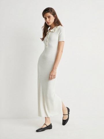 Collared Button-Front Office Lady Midi Dress