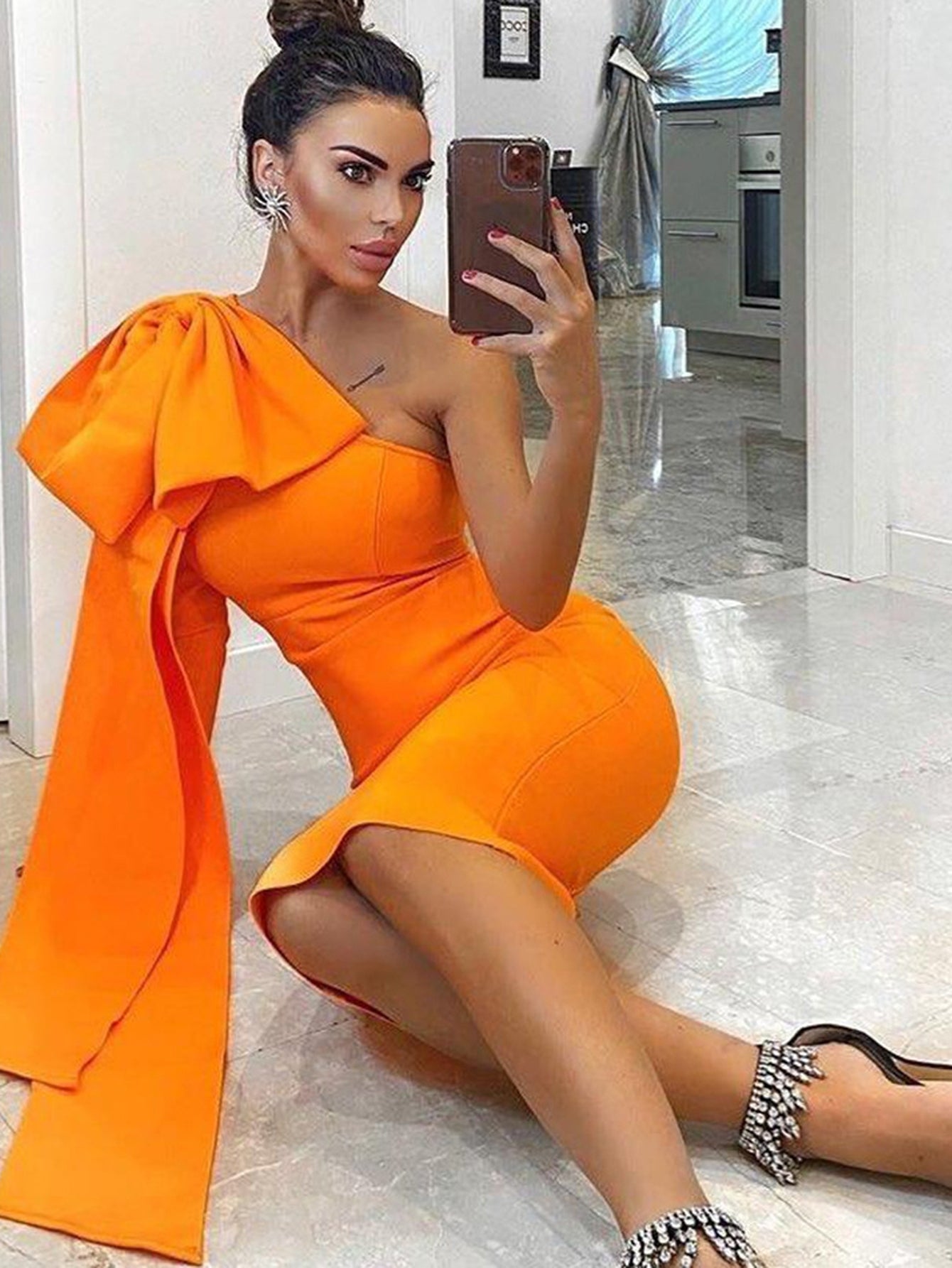 One Shoulder Drape Bodycon Midi Dress